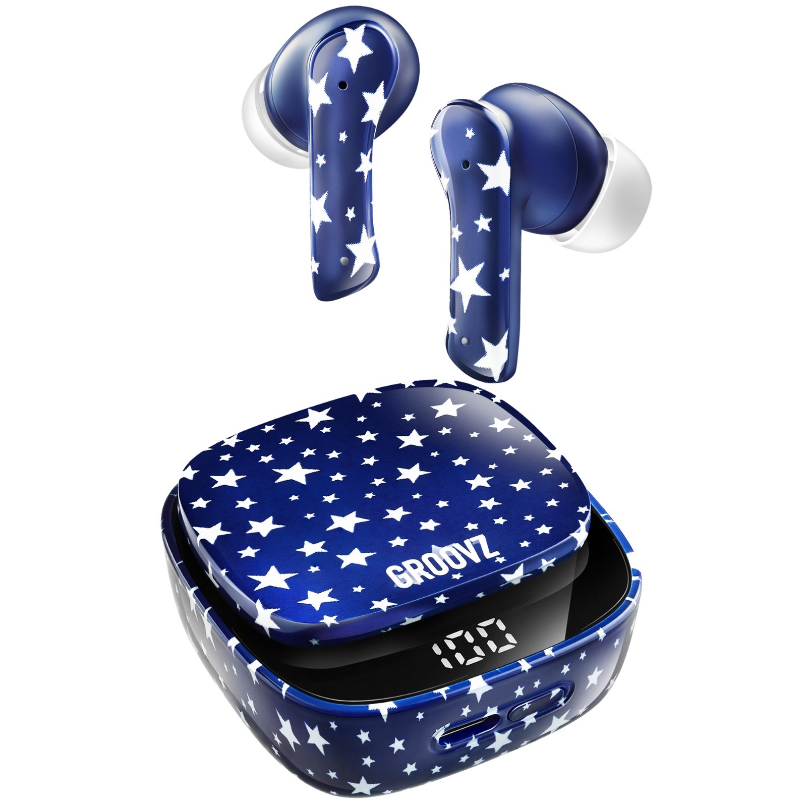 GROOVZ True Wireless TWS In-Ear Earbuds + Charging Case & LED - BLUE WHITE STARS