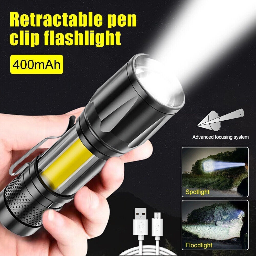 2Pcs Mini LED Torch Light USB Rechargeable Zoomable Flashlight Camping Lamp