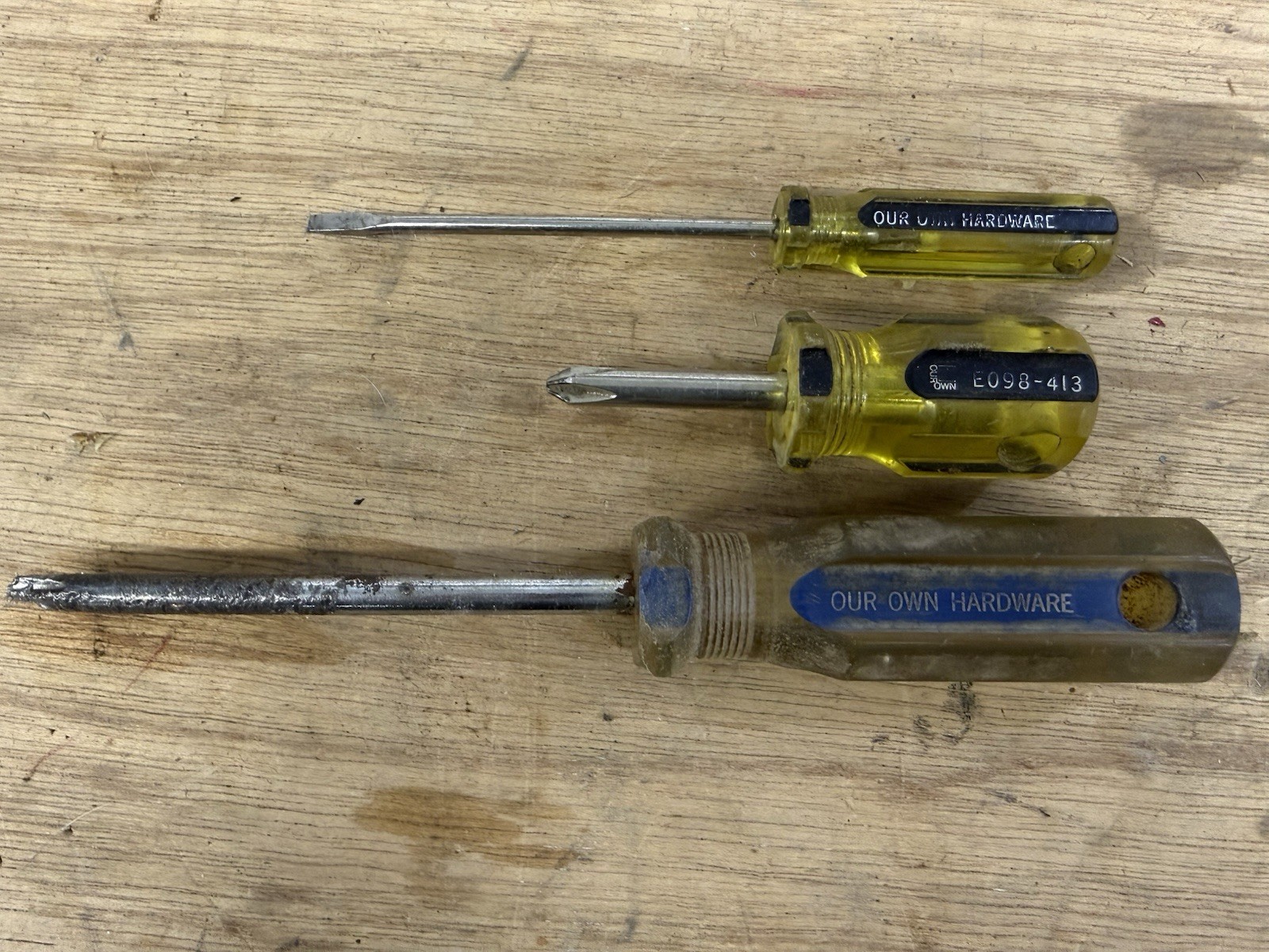 Our Own Hardware Screwdrivers. Vintage Lot Of 3.  2 Yellow And Black 1 Blue
