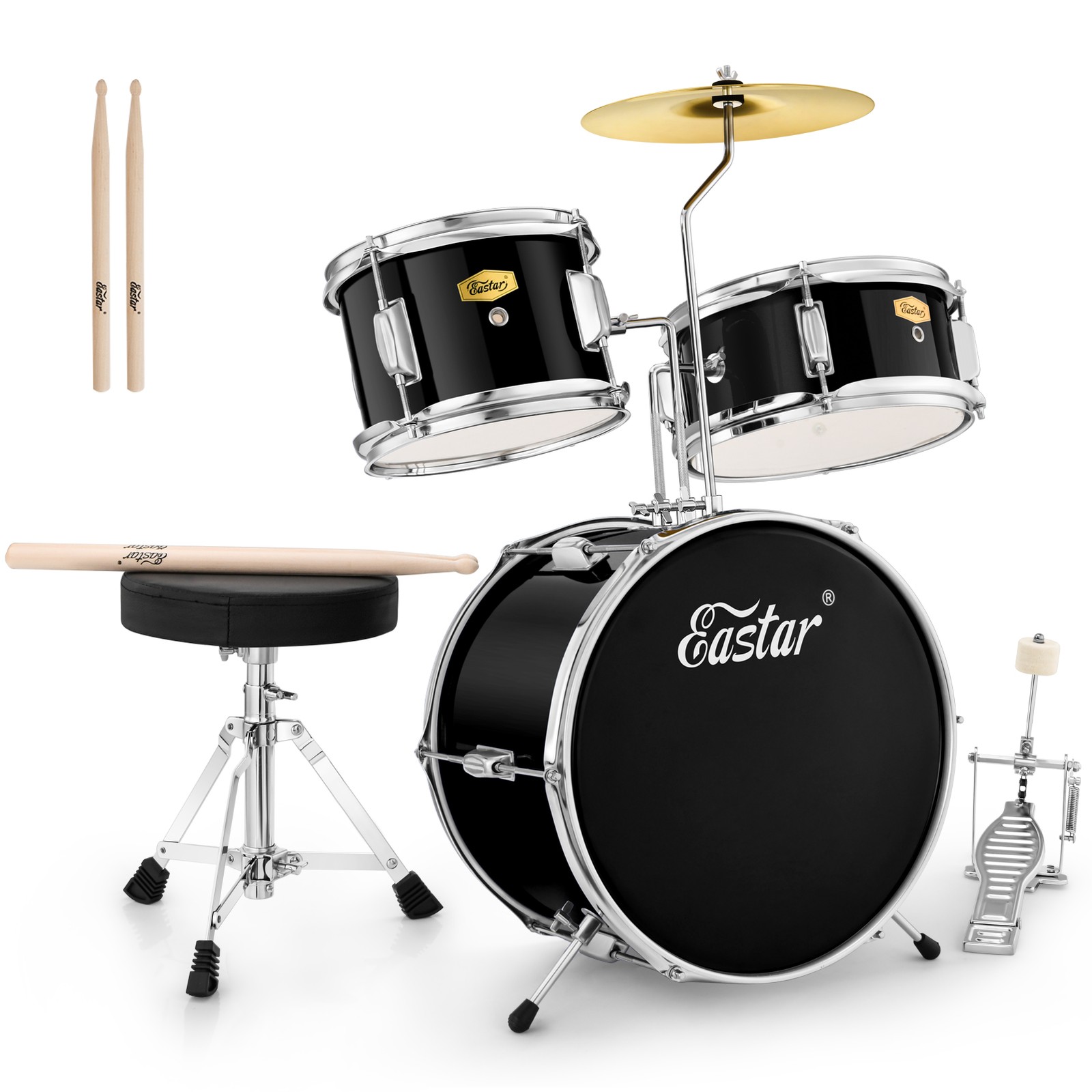 Eastar 14" Acoustic Drum Set with Bass Tom Snare Drum Throne Cymbal Pedal Black
