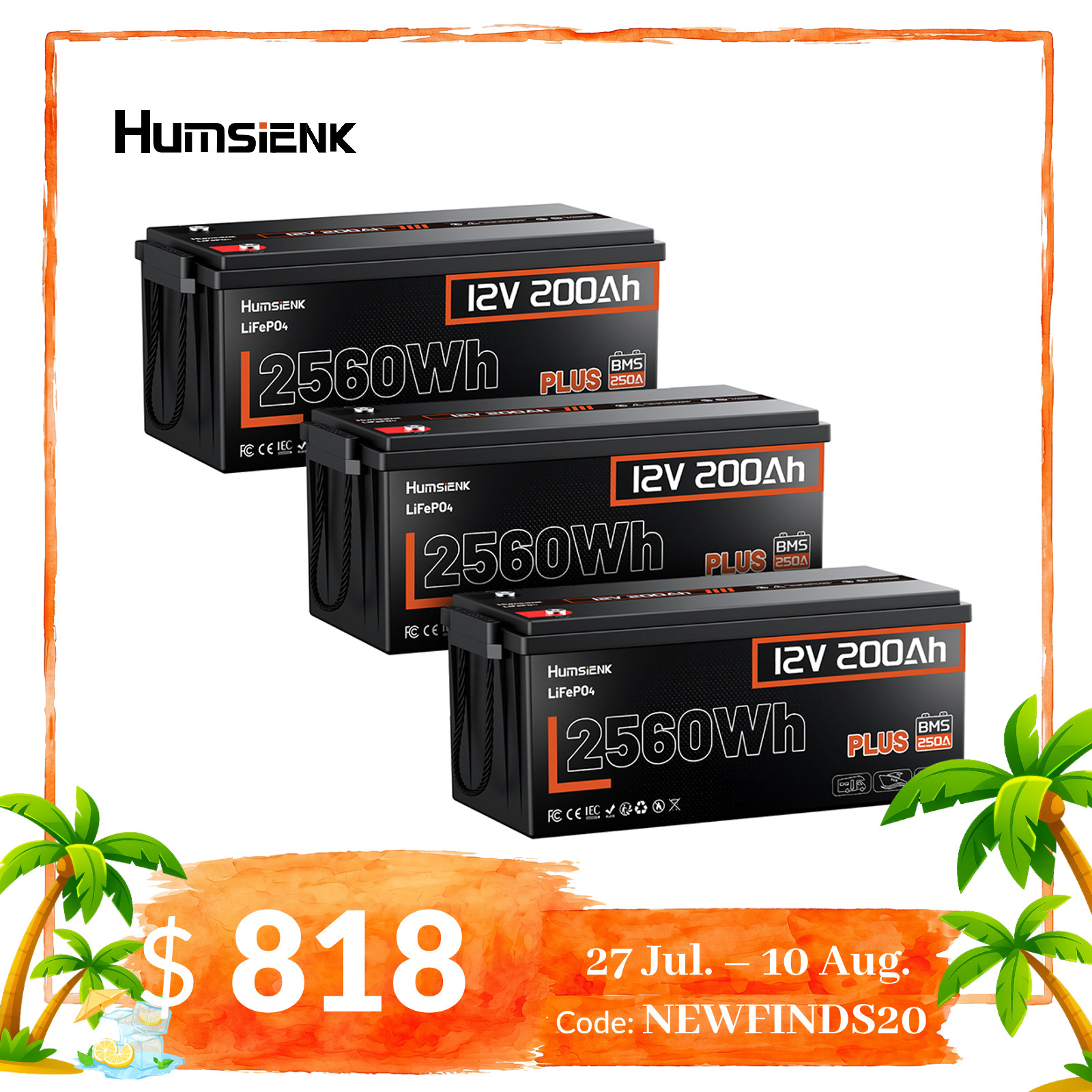 3Pack 7680Wh Humsienk 12V 200Ah Lithium LiFePO4 Battery 250A BMS RV Marine Yacht