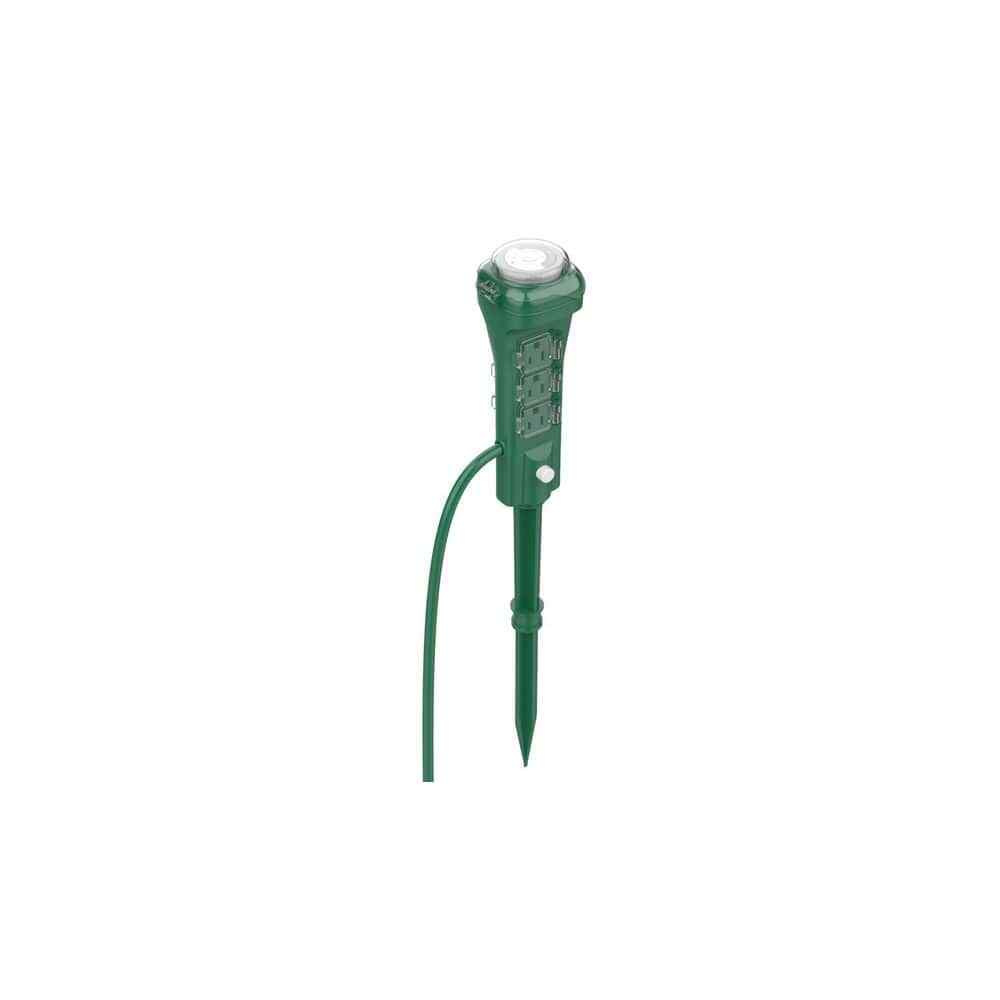DEFIANT Outdoor Yard Stake Power Strip Controller with Mechanical Timer, Green