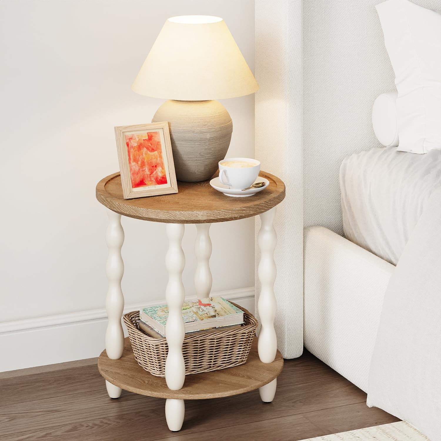 Round End Table, 2-Tier Farmhouse 18.5'' 18.5" Round, White