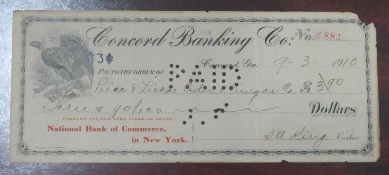 1910 Concord Banking Co. Check $3.00 to Price & Lucas Cider and Vinegar