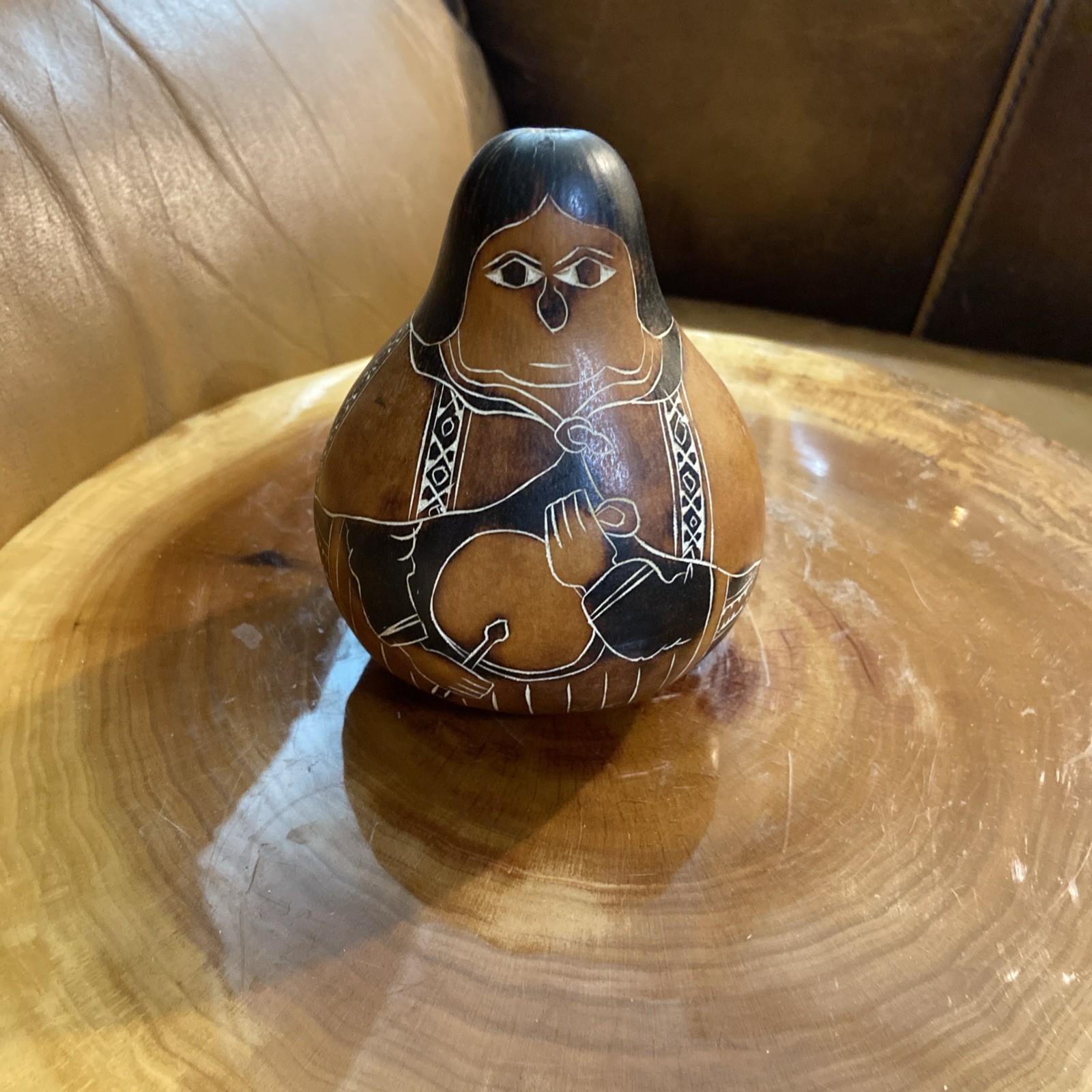 Vintage Peruvian Etched Carved Painted Gourd Folk Art Native Woman carving gourd