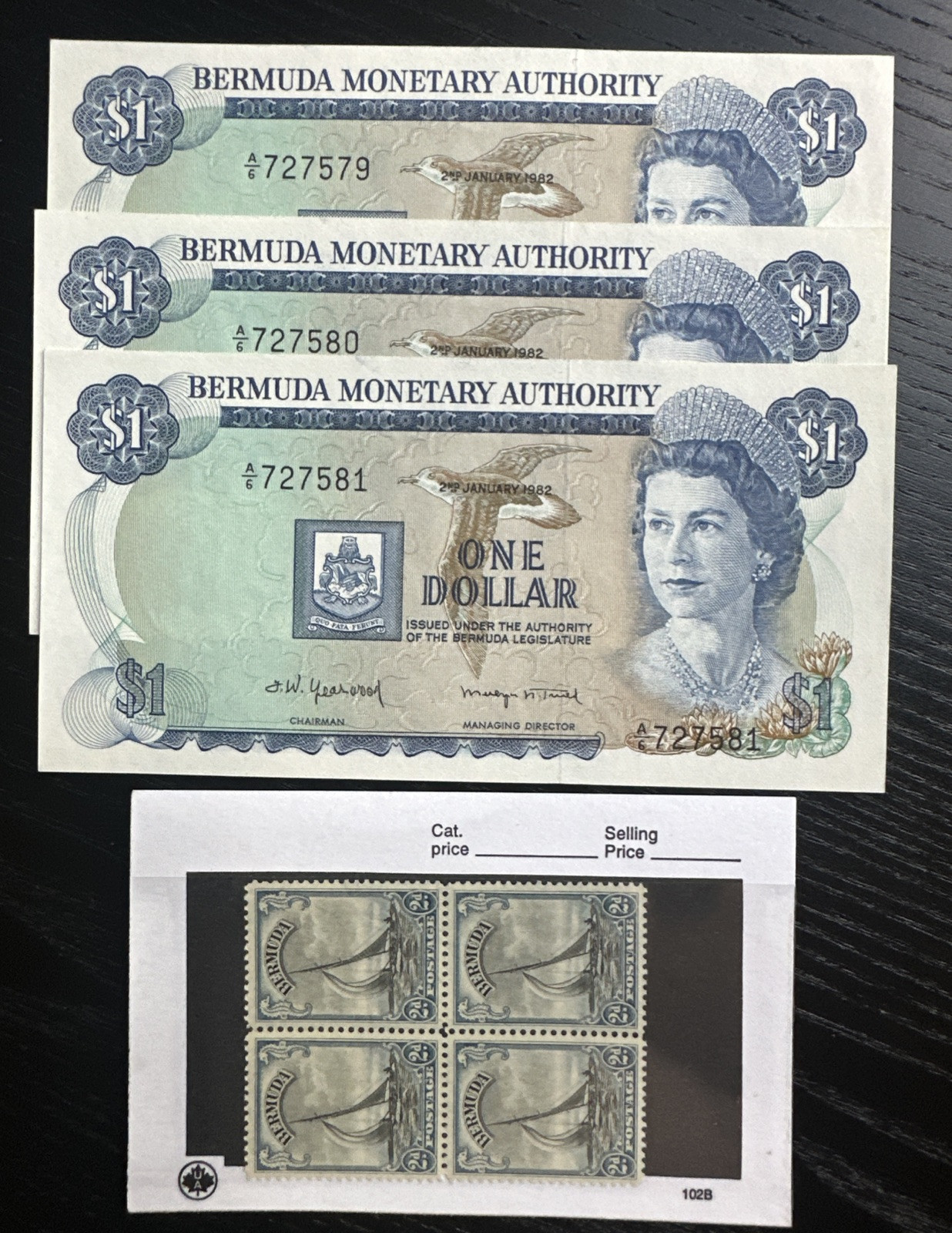 1982 Bermuda 1 Dollar Banknotes and Postage Stamps