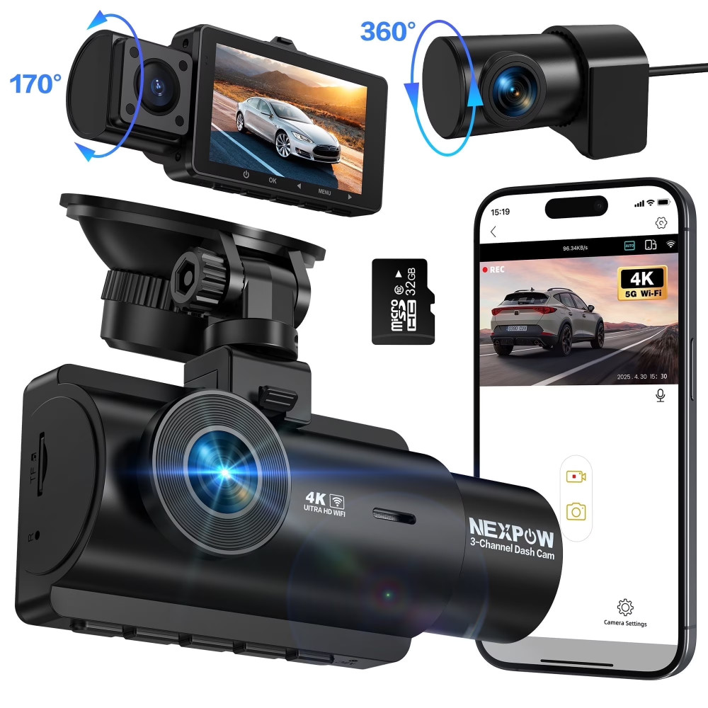 3 Channel 4K WiFi Dash Cam 1080P 170°Wide Angle WDR Night Vision Build-in Wifi