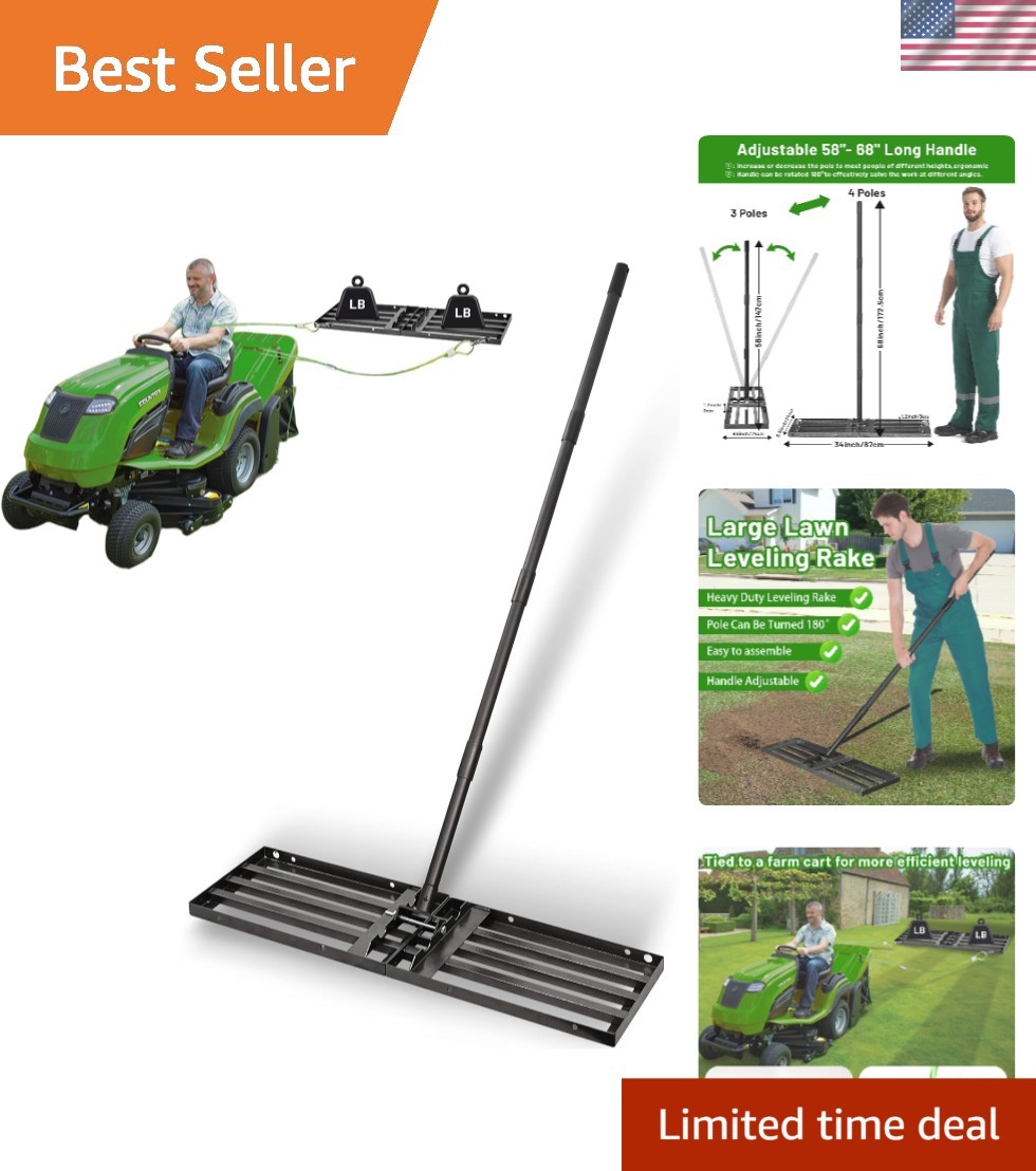 Durable 34"x10" Lawn Leveling Rake with Adjustable 68" Stainless Steel Handle