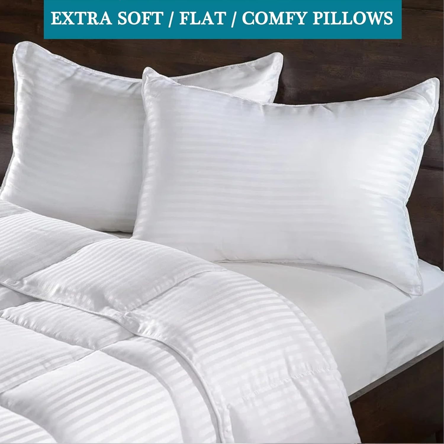 Thin Flat Soft Low Pillows Standard Size Set of 2 Down Alternative Filled Bed P