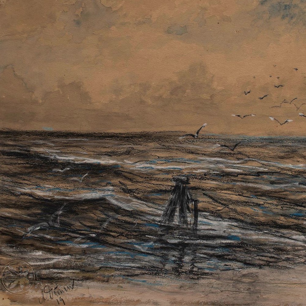 Impressionism Seascape with Seagulls Sea A. Dörnen Signed Mixed Media 1919