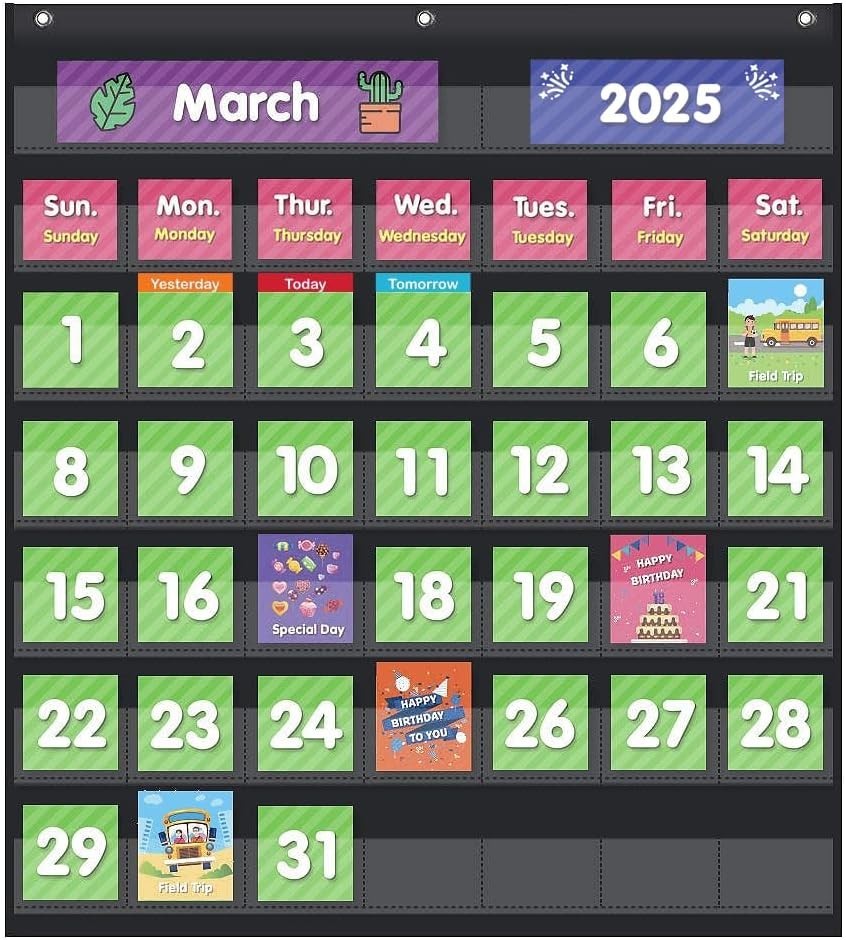 Classroom Monthly Calendar Pocket Chart with 71 Cards for Kids Learning for H...