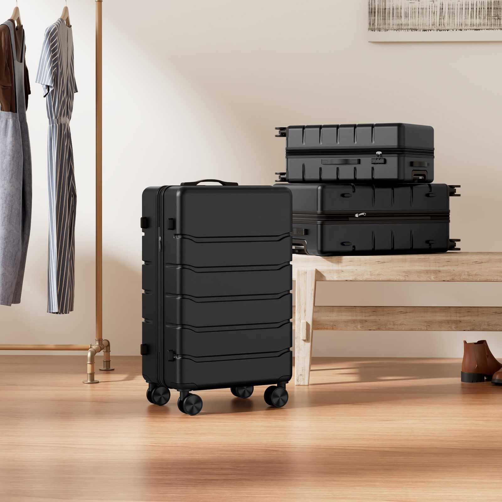 20 Inch Hardside Luggage, Expandable Rolling Luggage with TSA Lock Black/White