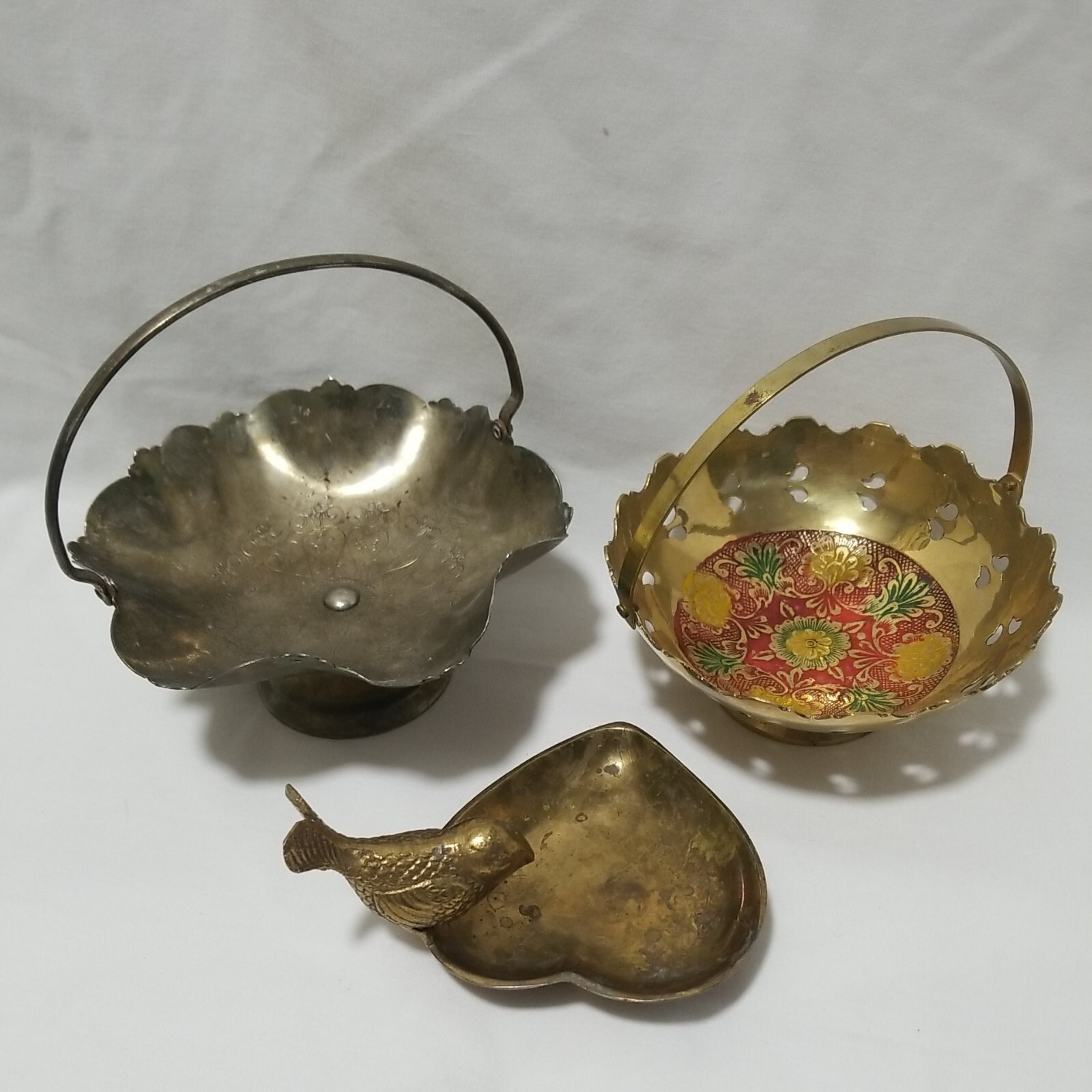 Brass Enamelled Basket Heart 3D Bird, Metal Handle Trinket Dishes Lot Of 3