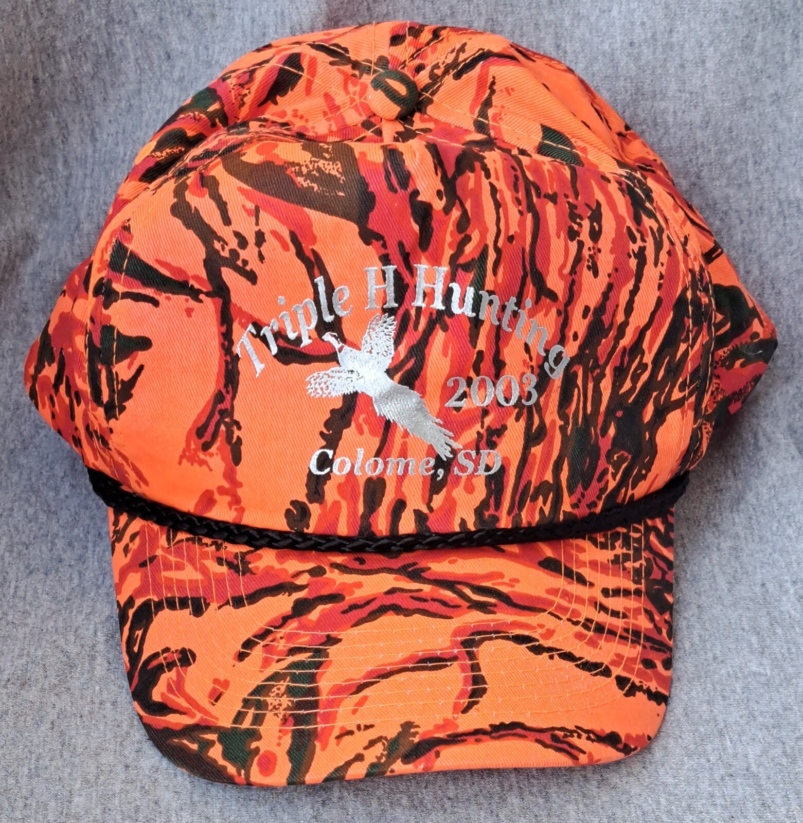 2003 Triple H Hunting Colome SD Orange Camouflage Rope Bill Trucker Hat Pheasant