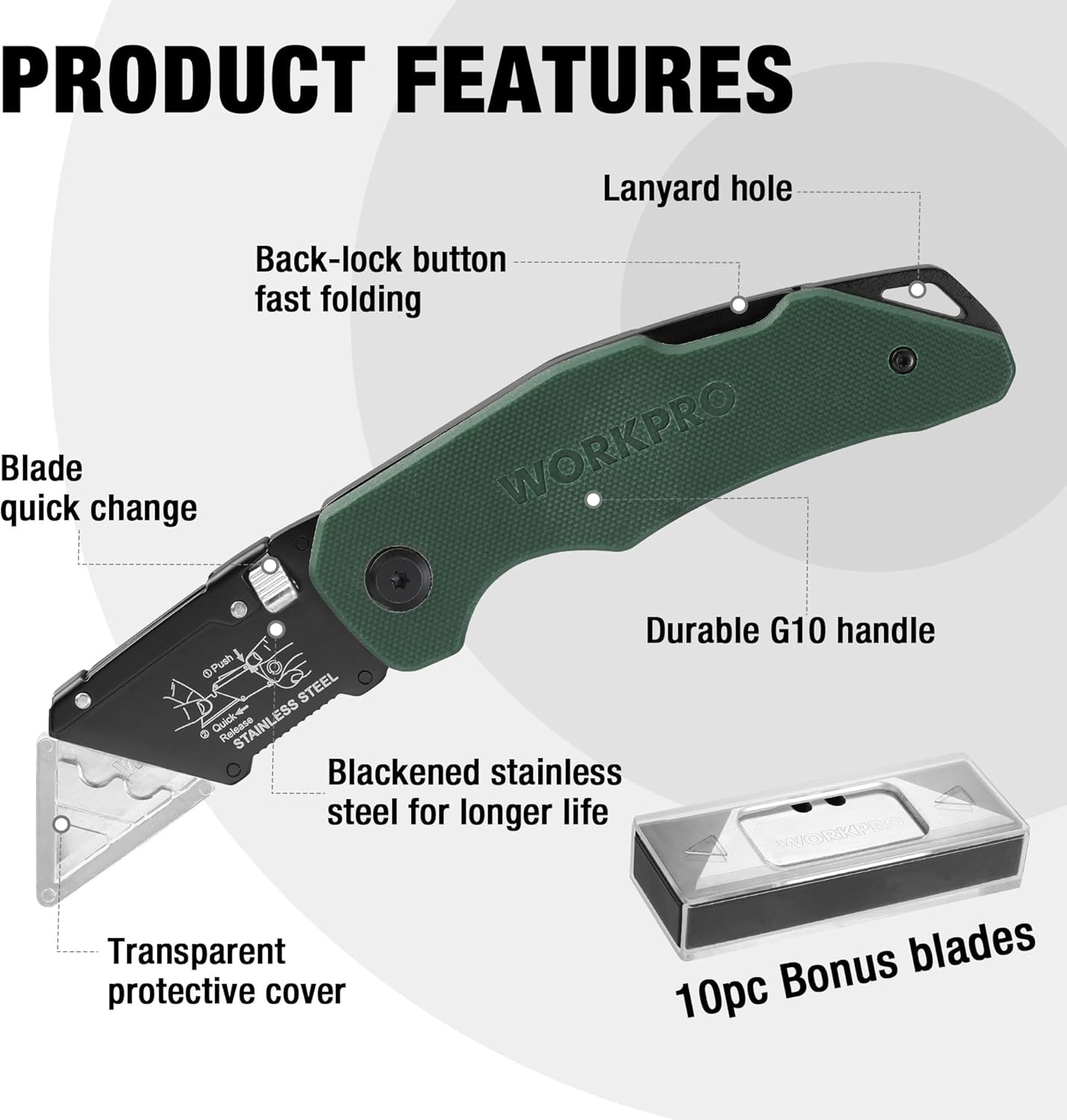 WORKPRO Stainless Folding Utility Knife Quick-change Blade Heavy Duty Box Cutter