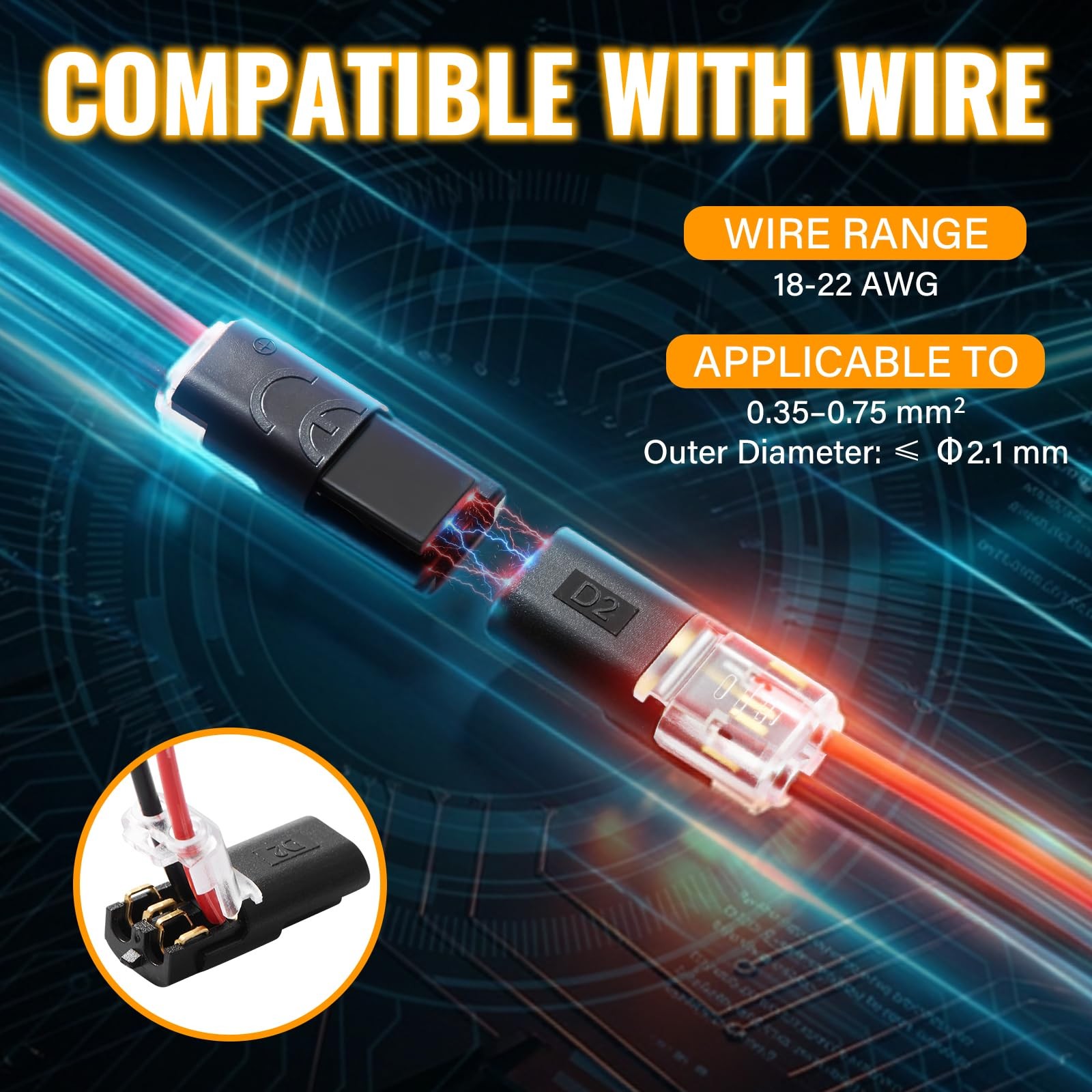 50Pcs D2 Quick Connect Wire Connectors – Optional Stripping Double Wire Plug ...