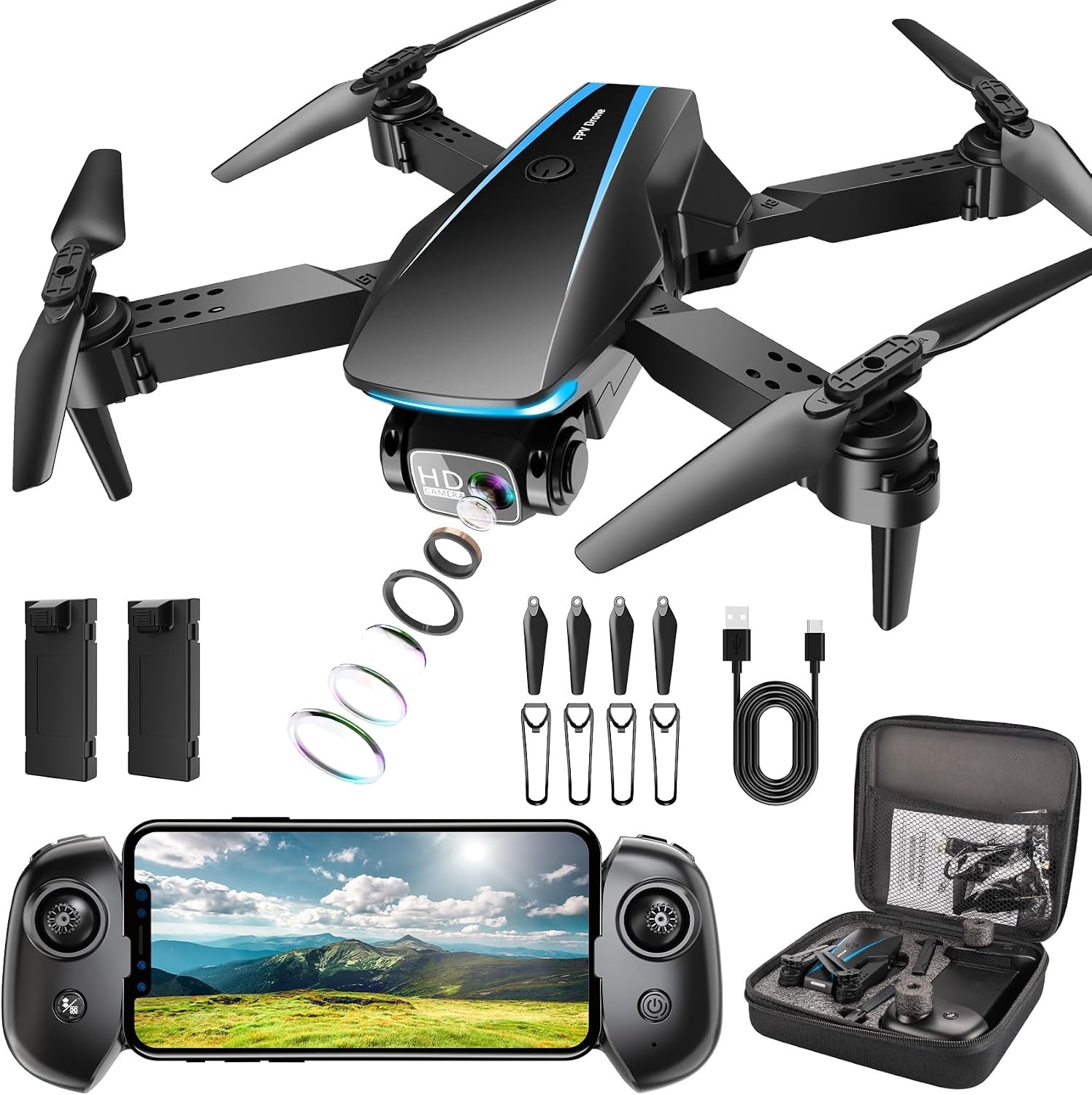 Drone with Camera - Drones for Adults, with 2 Batteries, Carrying Case, Propelle