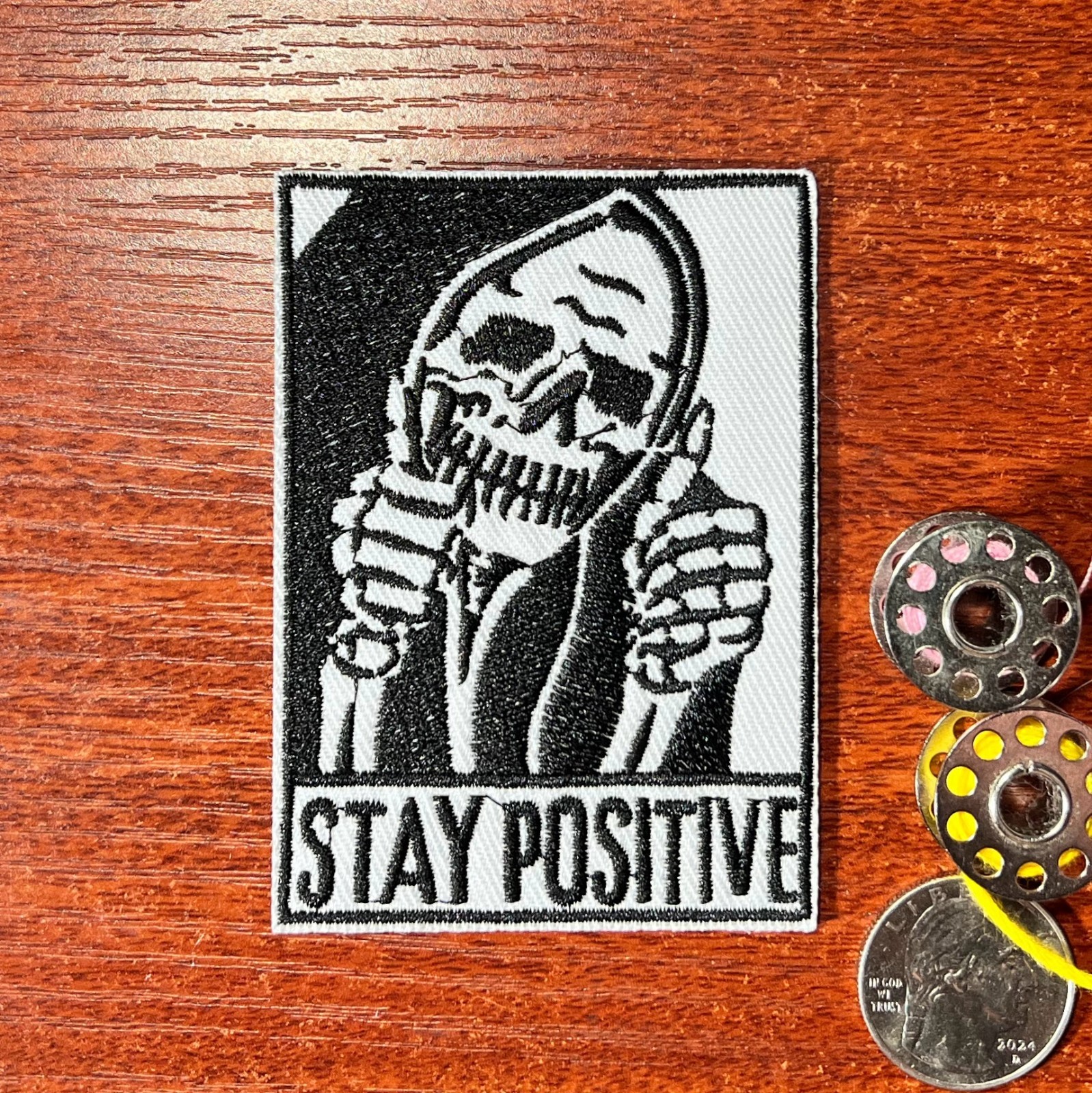 Dark Humor Patch Grim Reaper Advice Stay Postive Embroidered Iron On 3.25 x 2.5"
