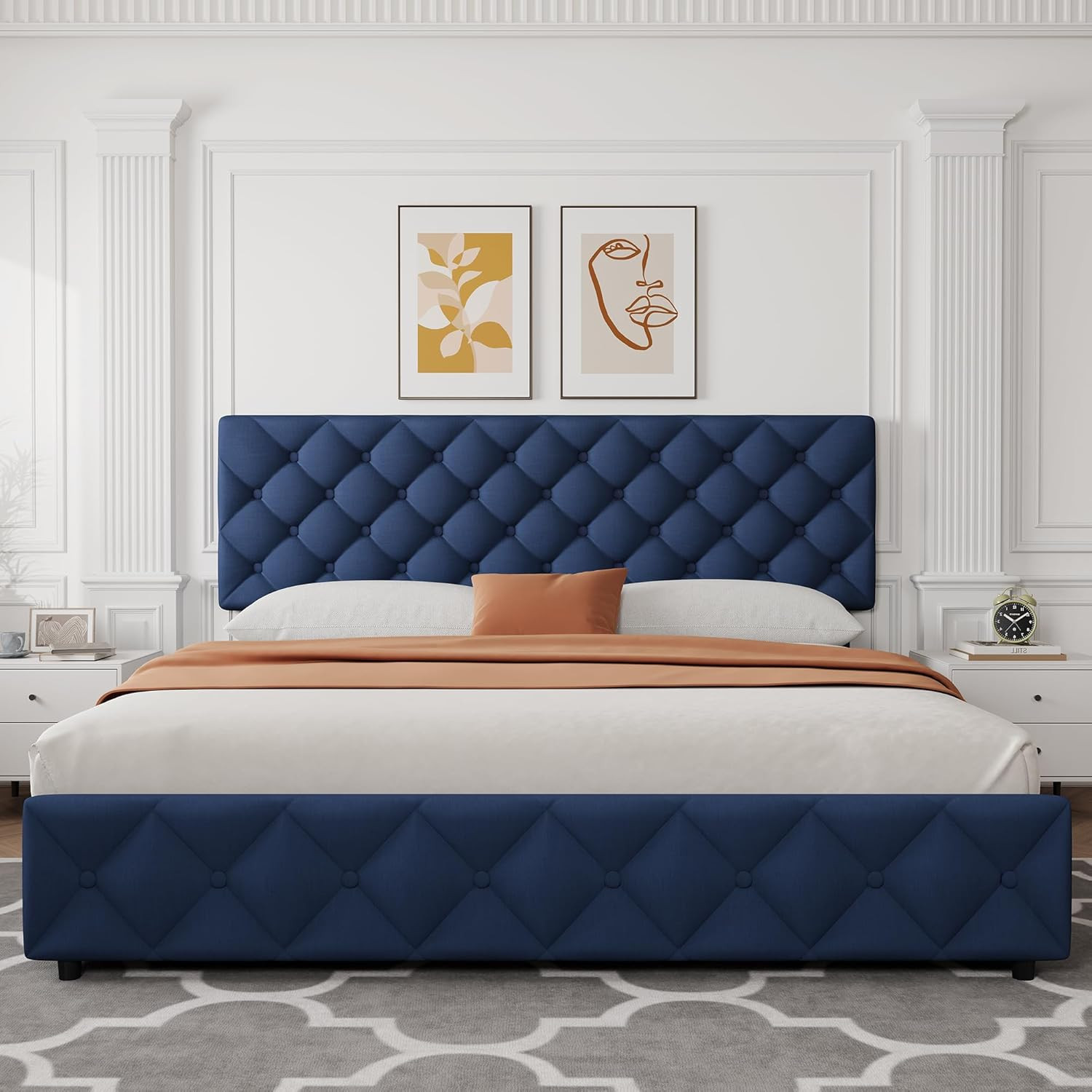 Stylish King Size Bed Frame with Storage Drawers & Adjustable Headboard - Blue