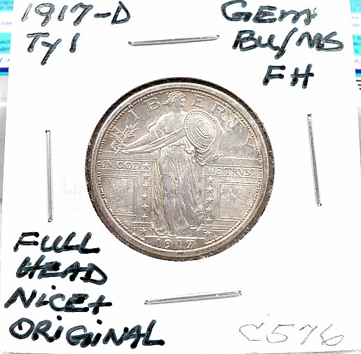 1917-D Ty-1 STANDING LIBERTY QUARTER, GEM BU/MS FULL HEAD, NICE & ORIGINAL, C576