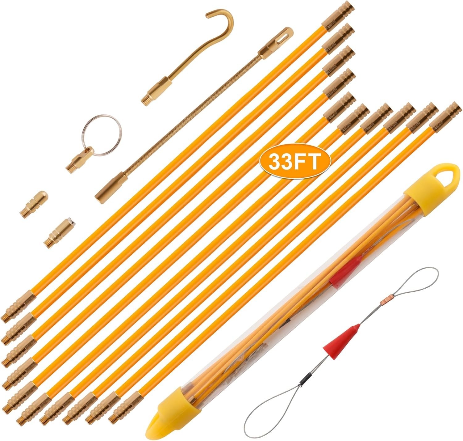33FT Wire Puller Rods with Durable Fiberglass Material and Multiple Attachments