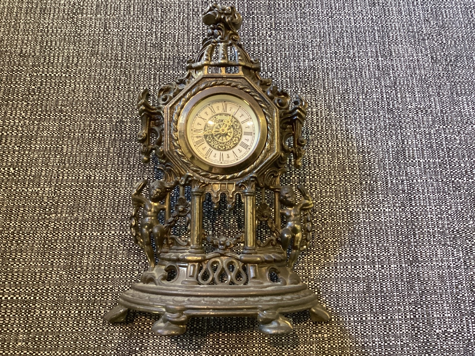 Vintage Brass West German Mantle Clock with Cherubs - Working. 24cm Tall