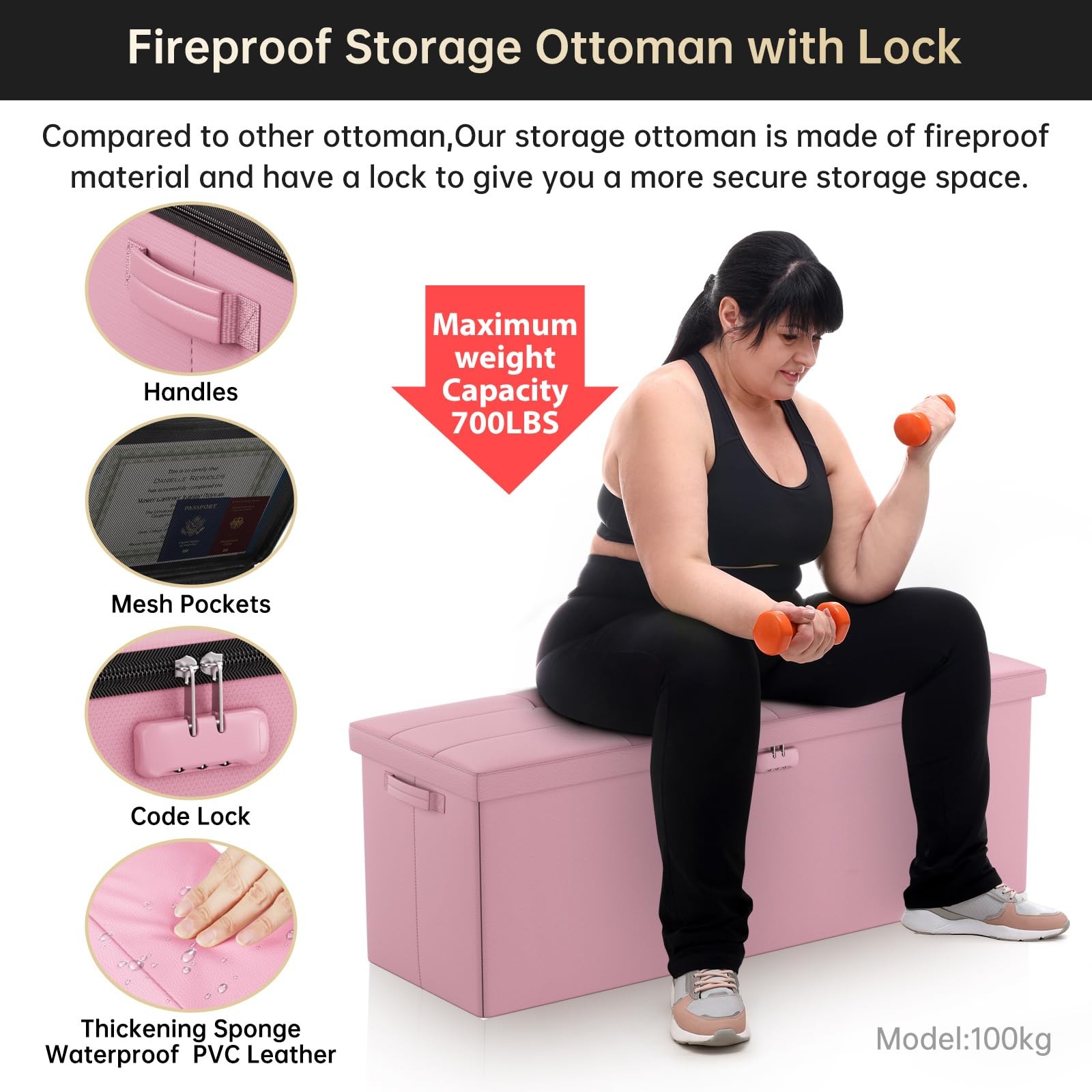 Storage Ottoman, Fireproof Folding Bench with Lock(15”x 43”x15”), Water-Resis...
