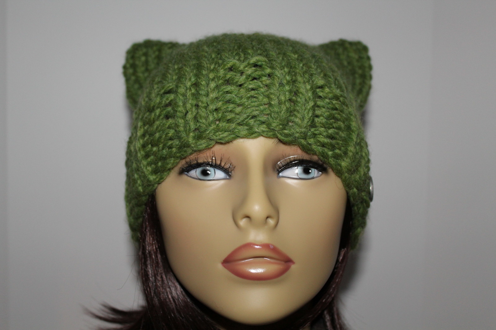 Chunky Hand Knit Unisex Green Handmade Pussy Cat Hat