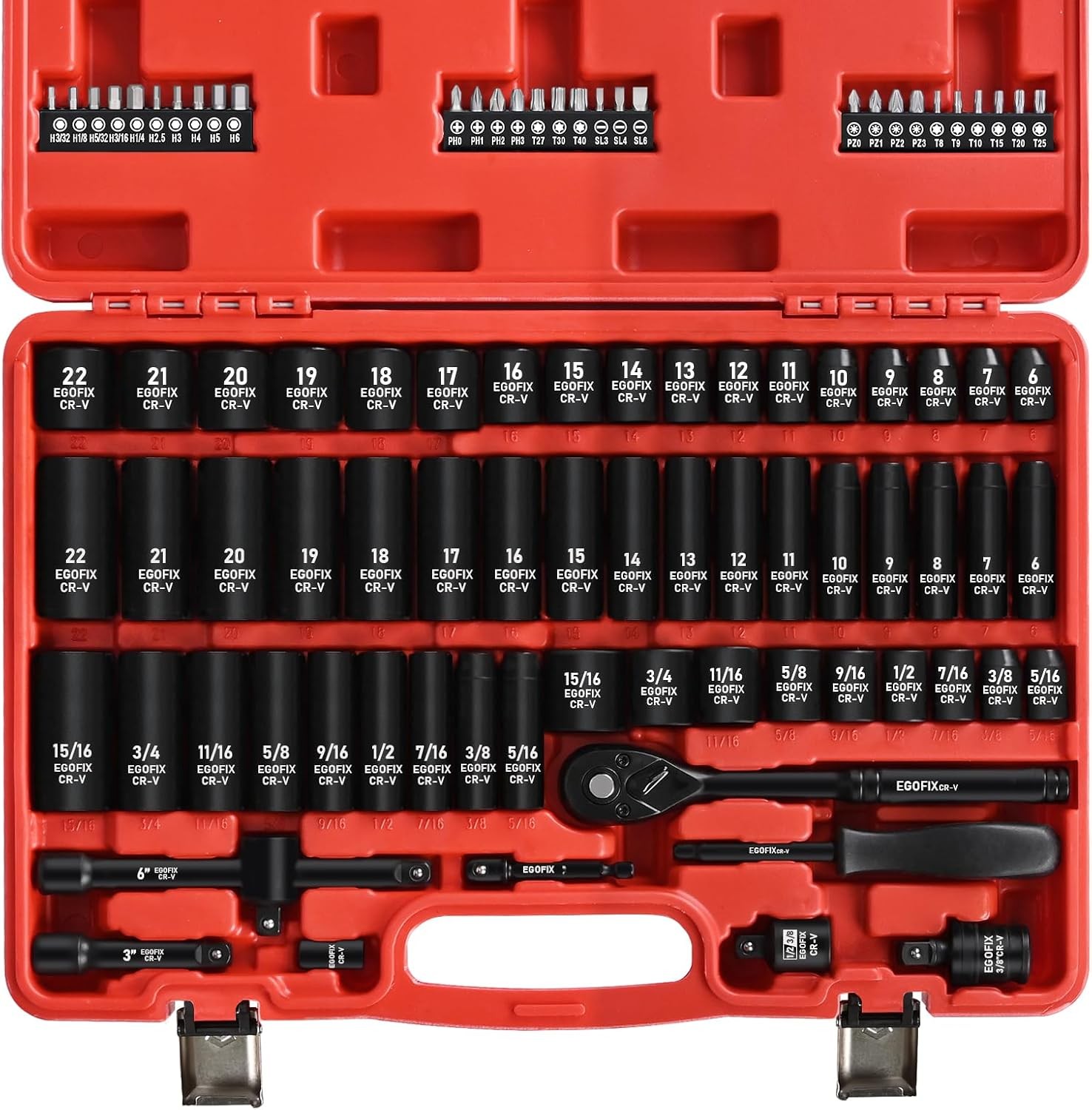 3/8" Drive Impact Socket Set, 90 Piece Metric Socket (6-22mm) and Standard SAE