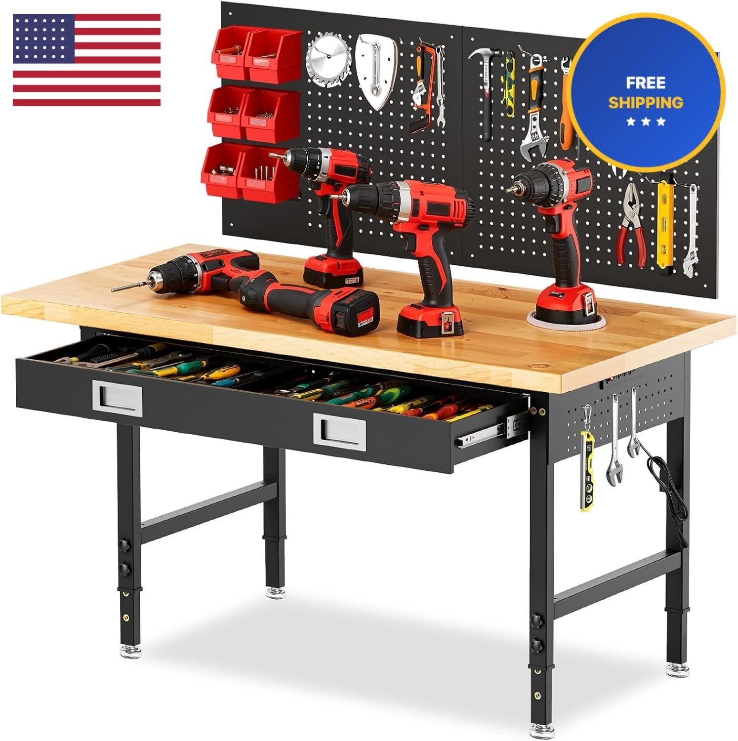 60" Workbench with Drawers, Adjustable Height Work Table, 2000 LBS Heavy-Duty,