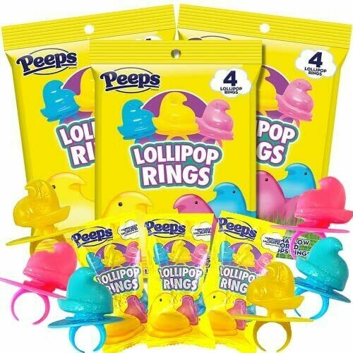 New 2022 Limited Edition Peeps Lollipop Rings, Pink, Blue, Yellow Set of 3 Bags
