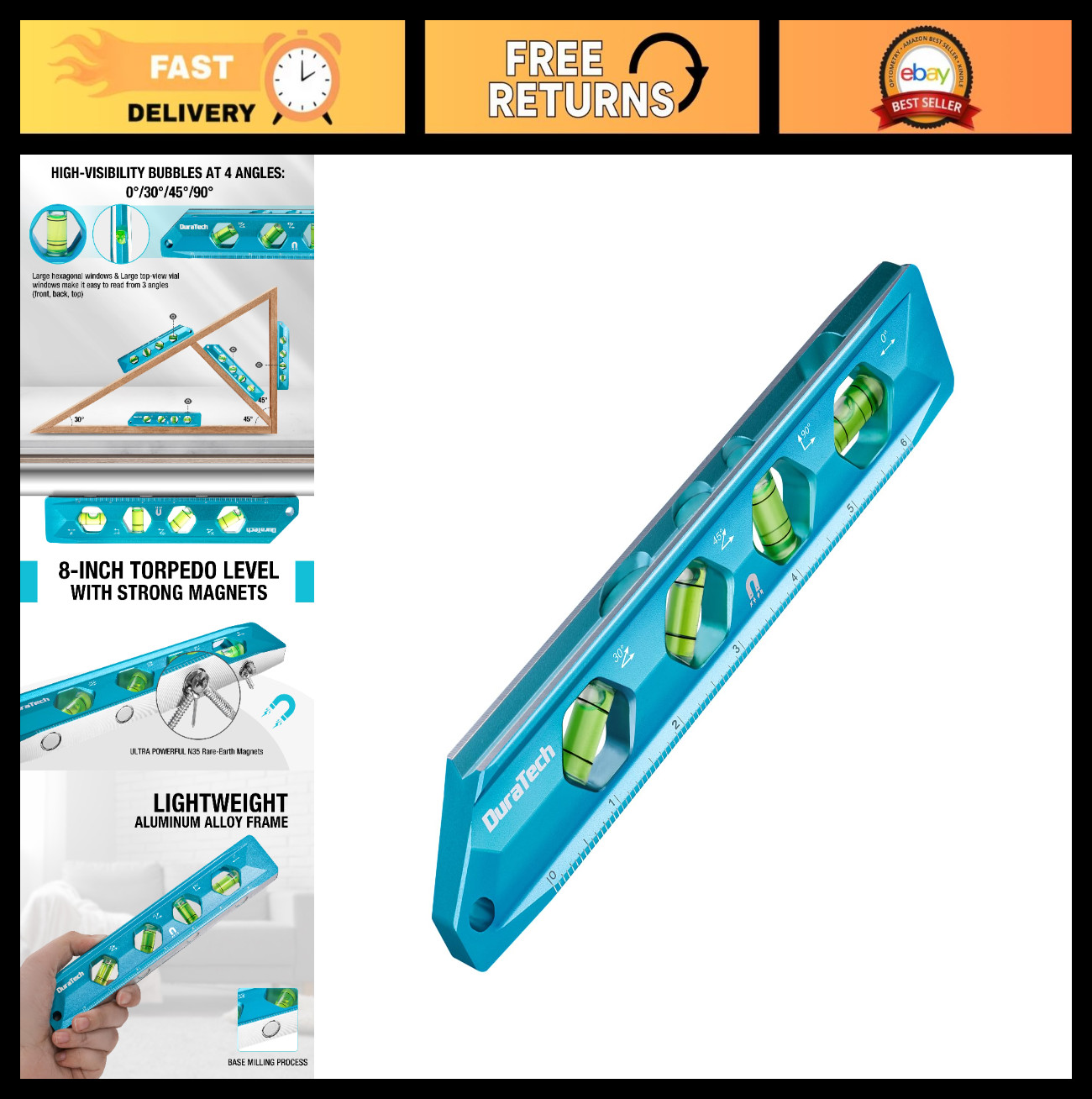 8-Inch Magnetic Torpedo Level with 0°/30°/45°/90° Bubbles, V-Groove, Aluminum Bo
