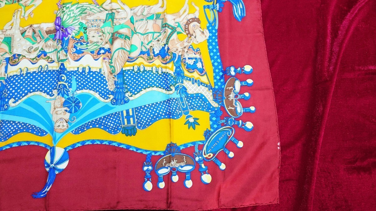 HERMES Scarf 90 TOURNEZ MANEGE Dark Red Merry Go Round Horse