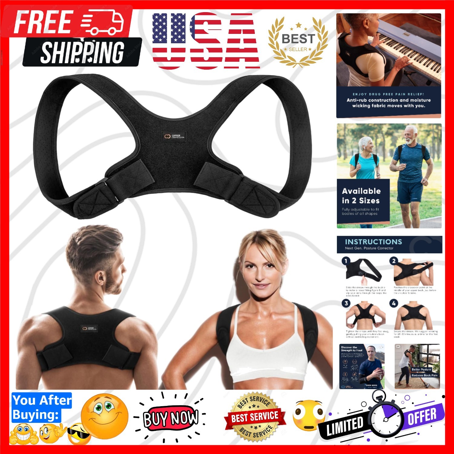 Posture Corrector for Men & Women - Adjustable Copper Infused Orthopedic Brac...