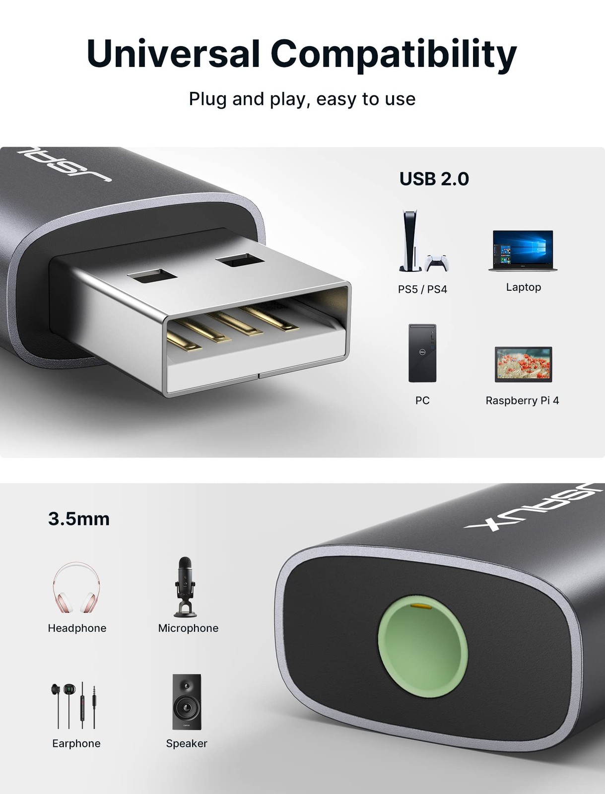 2 Pack USB to 3.5mm Jack Audio Adapter, JSAUX Grey