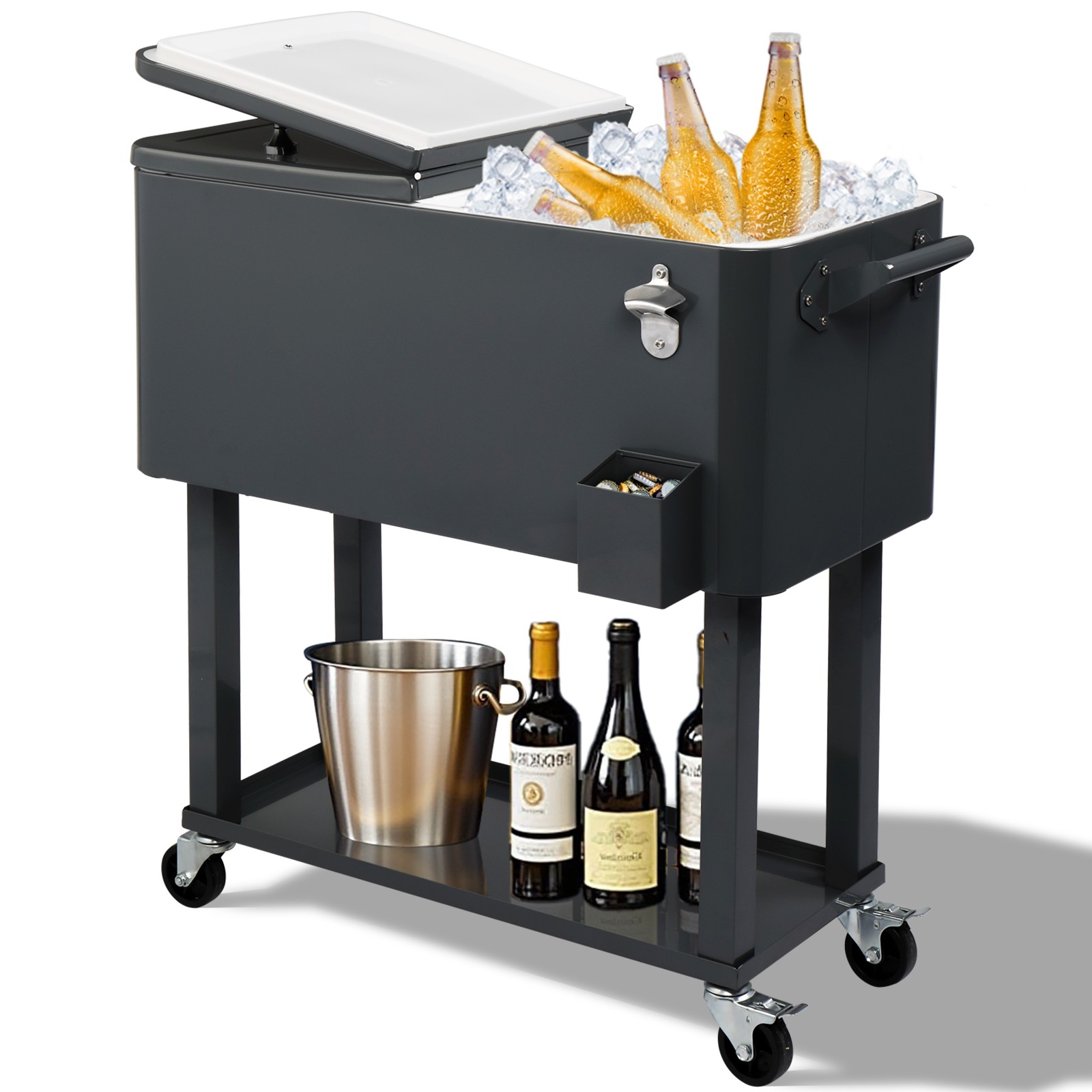80QT Rectangular Plastic Box, Iron Foot Tube Insulation Cart, Dark Grey