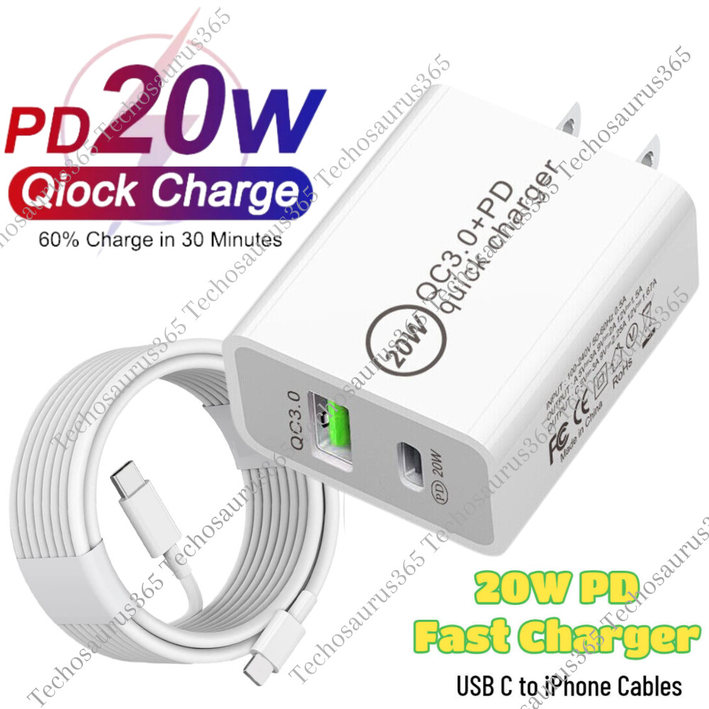 20W PD QC Power Adapter Cube Fast Charger For iPhone 14 13 12 11 XR 8 USB C Cord