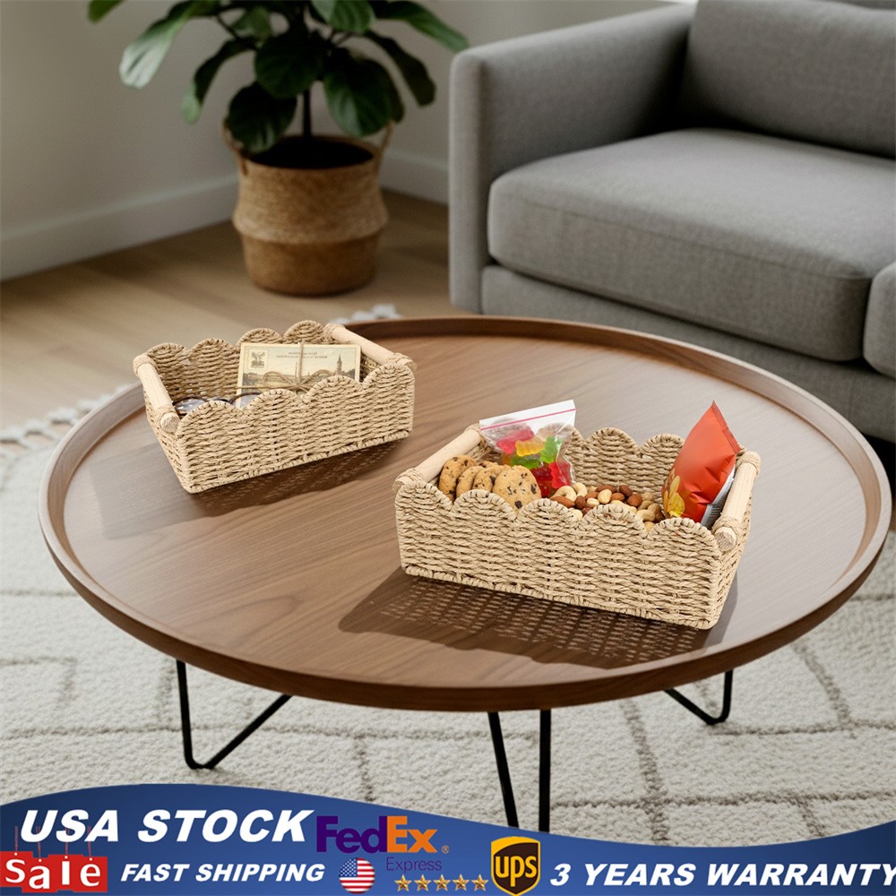 2pcs Scalloped Edge Baskets Toilet Paper Storage Baskets Hand Woven Baskets