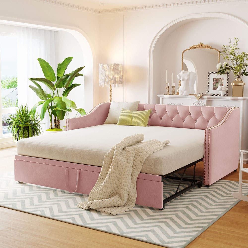 win to King Design Upholstered daybed with Pop Up Trundl Bed Frame Sofa Bed