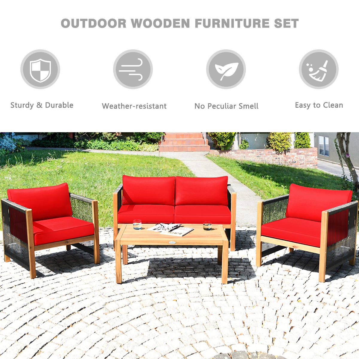 Patiojoy 4PCS Acacia Wood Patio Furniture Set Cushioned Sofa W/Rope Armrest Red
