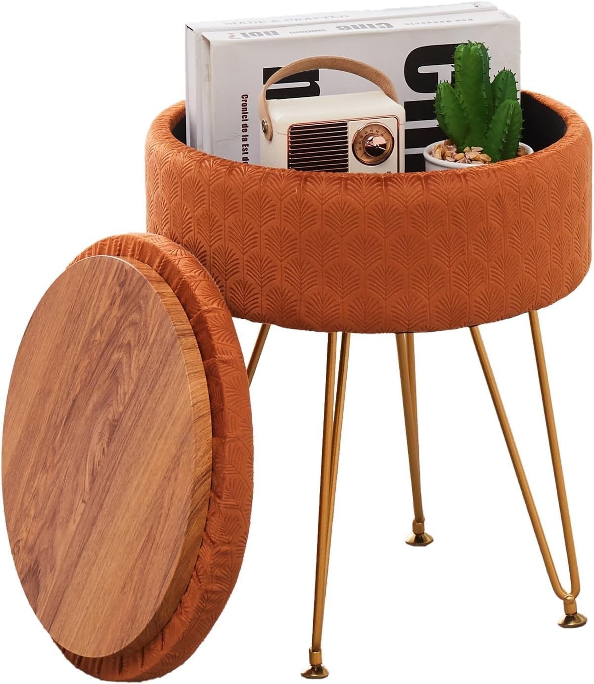 Velvet Storage Ottoman Round Footrest Stool Multifunctional Upholstered Ottoman