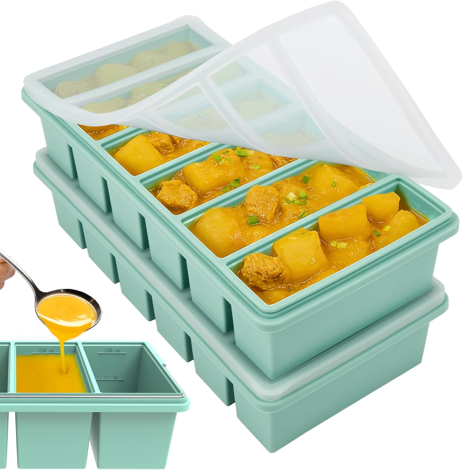 1/2 Cup Silicone Freezer Molds with Lid, Soup Container Style Ice Cube Trays for