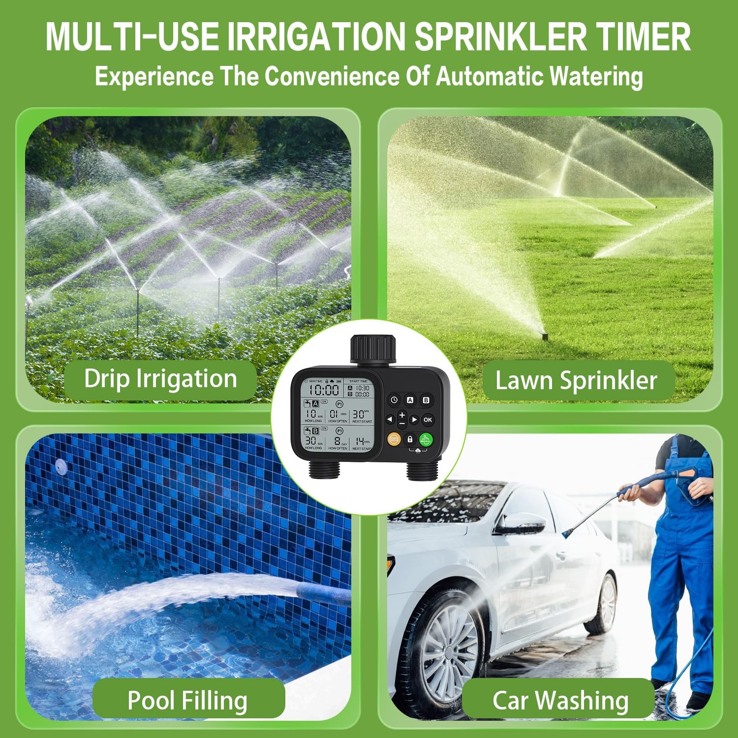 Programmable Dual Outlet Sprinkler Timer with Rain Delay for Garden Irrigation