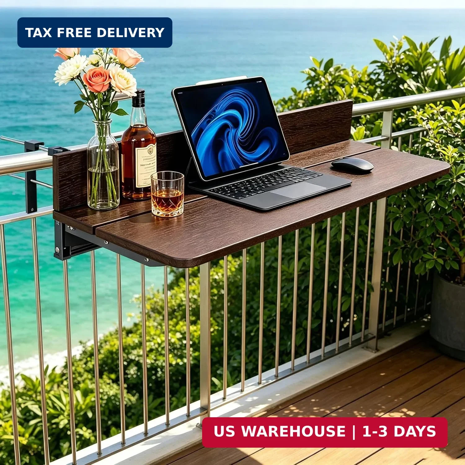 Balcony Bar Table for Railings, Outdoor Hanging Folding Adjustable Height Deck R