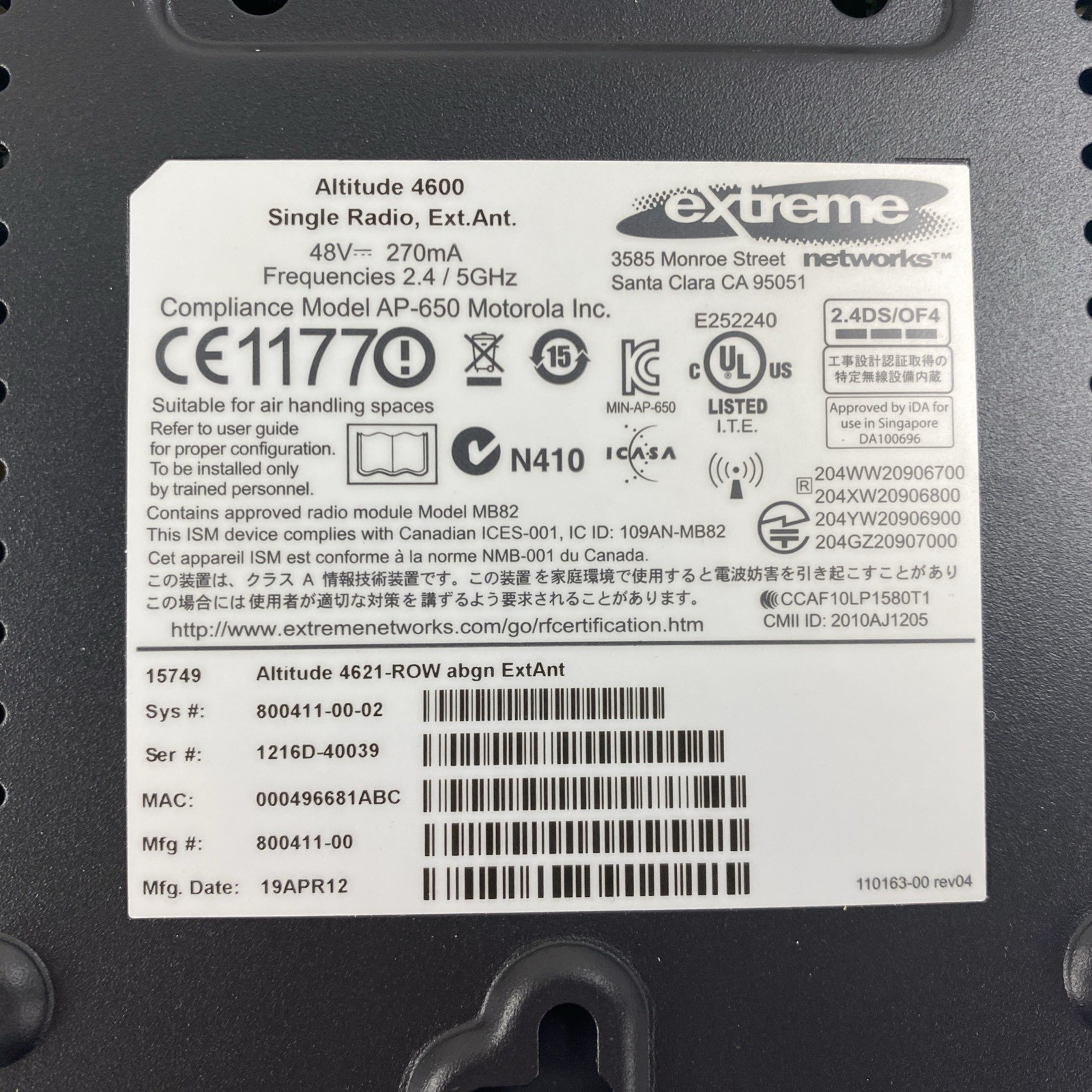 Extreme Networks Altitude 4621 15749 Wireless Access Point