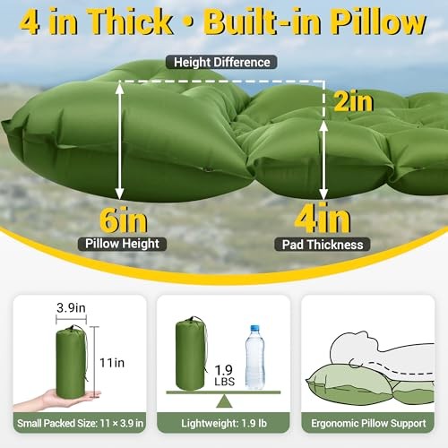 Camping Sleeping Pad, Backpacking Sleeping Pad with Built-in Pillow and Green