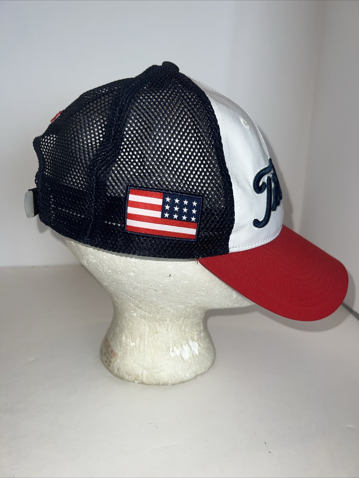 Titleist Script Pristine Red White Blue Hat Cap Hook Loop American Flag EUC