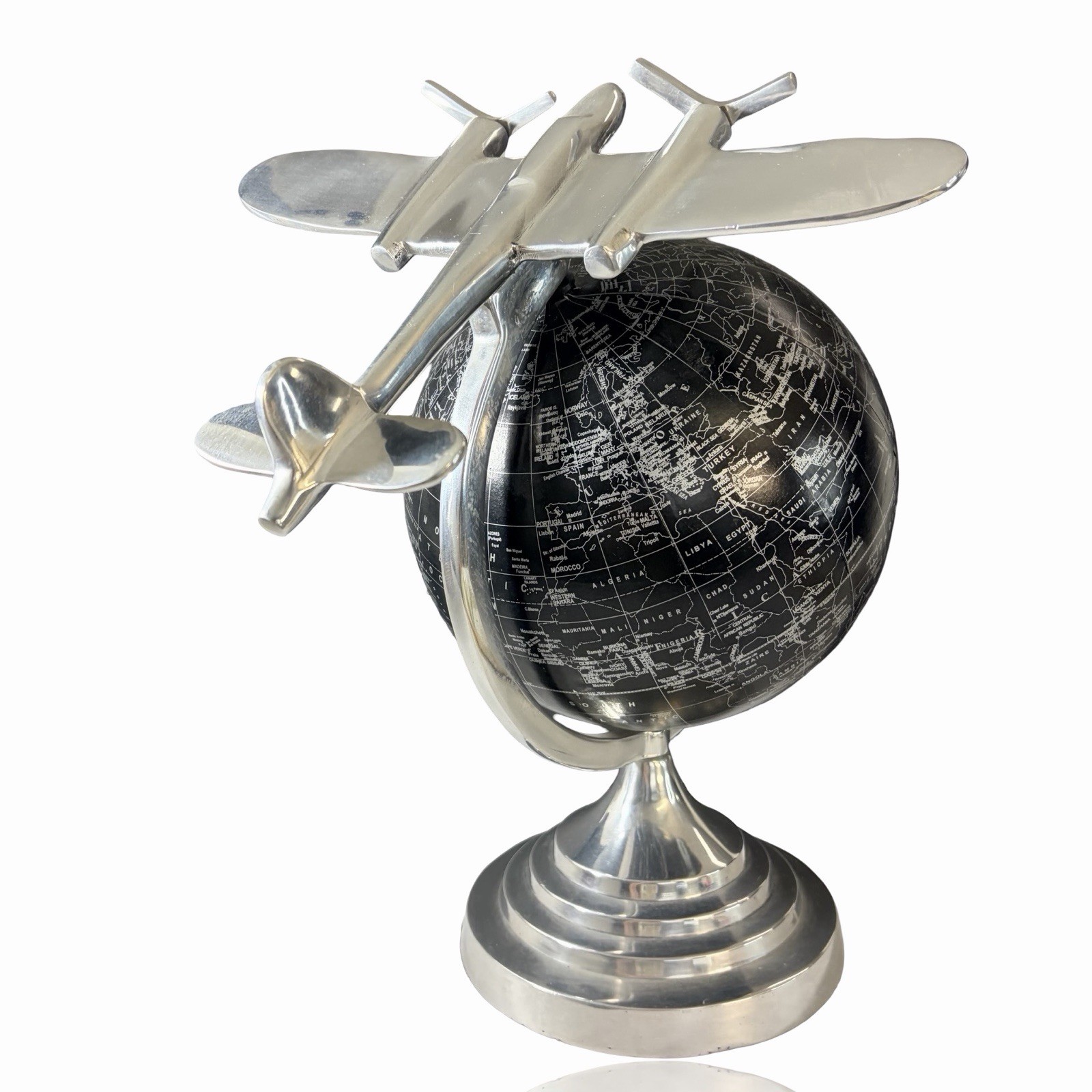 Pier 1 Imports Globe Black 8" Airplane Small Heavy Silver Color Metal 14x13 2014