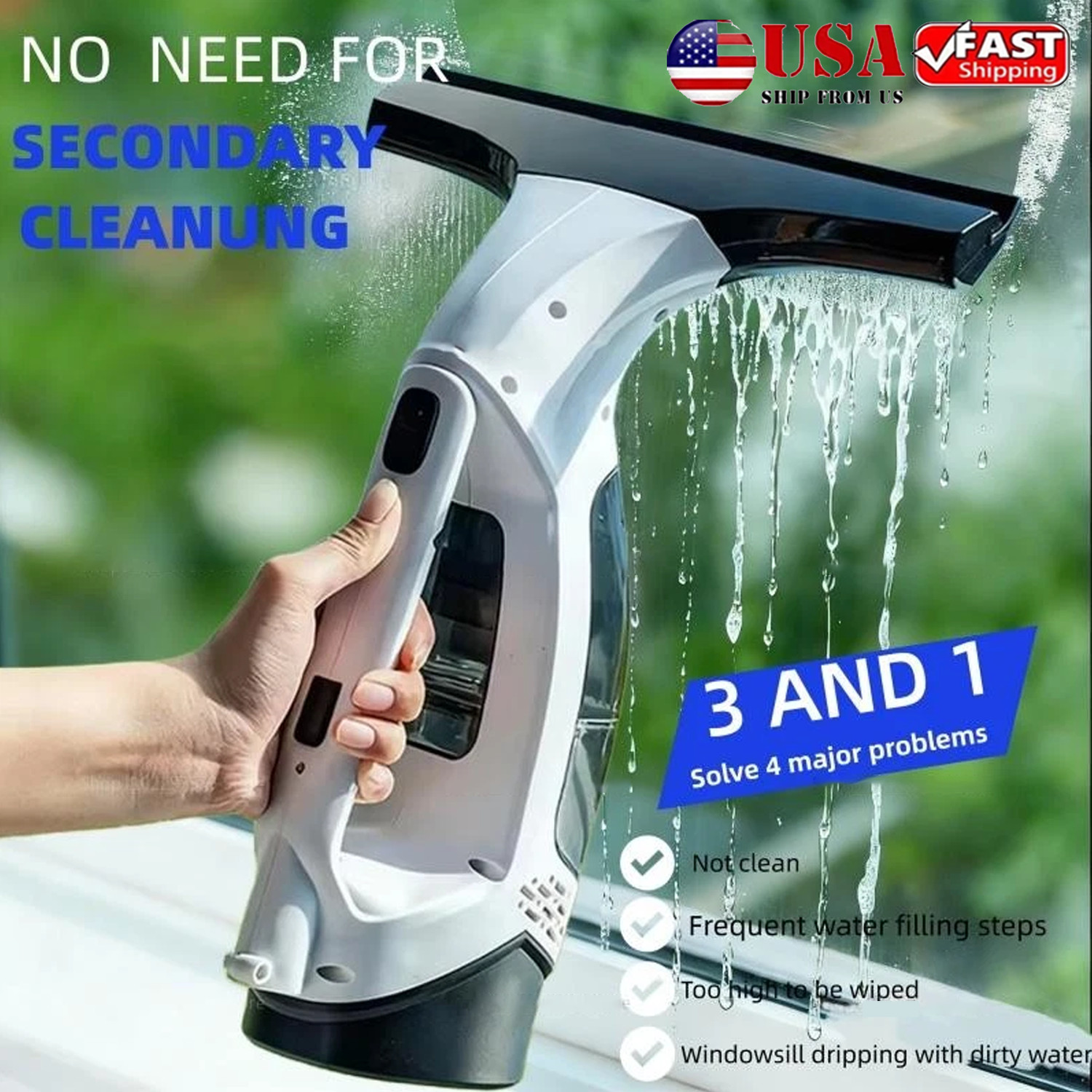 Window Vacuum Squeegee Cordless, 2000Pa Electric Window Cleaner Tool with Tank