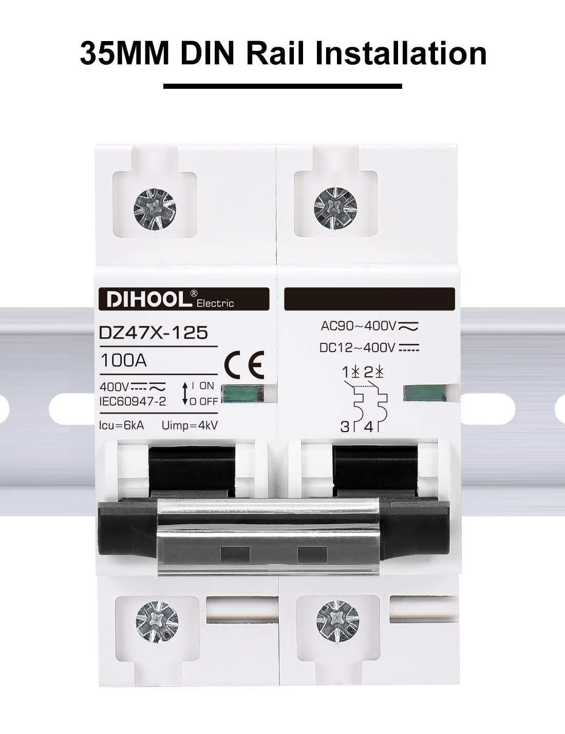 100 Amp Solar Disconnect Switch for 2 Pole DIN Rail Mount Circuit Protection
